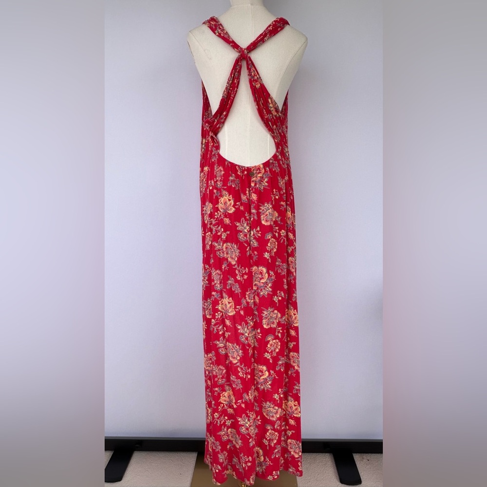 Billabong Beyond Golden Floral‎ Maxi Dress Cross Strap on Plunging Back Size Lg